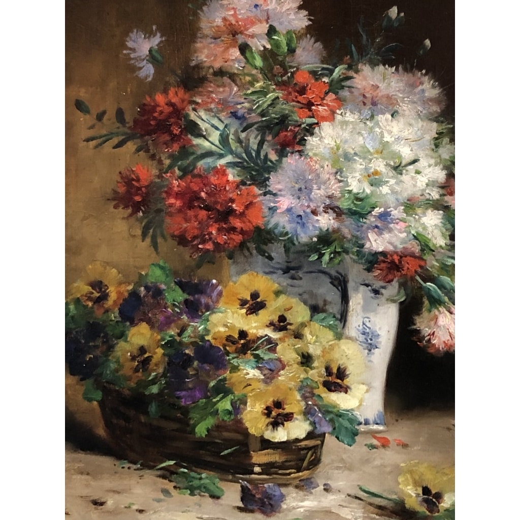 CAUCHOIX Eugène Bouquet d’oeillets Panier De Pensées Huile Toile Signée certificat d’authenticité | Biron 