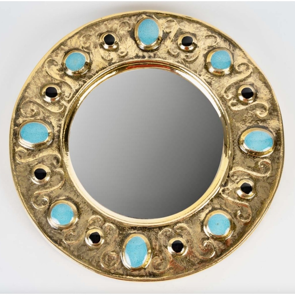 1970 Miroir Francois Lembo, Céramique, Bijoux, Or, Vert Emeraude, Signé 2