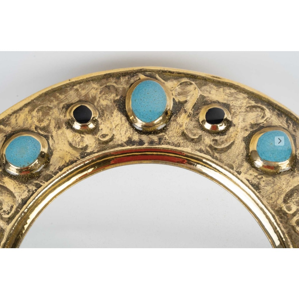 1970 Miroir Francois Lembo, Céramique, Bijoux, Or, Vert Emeraude, Signé 6