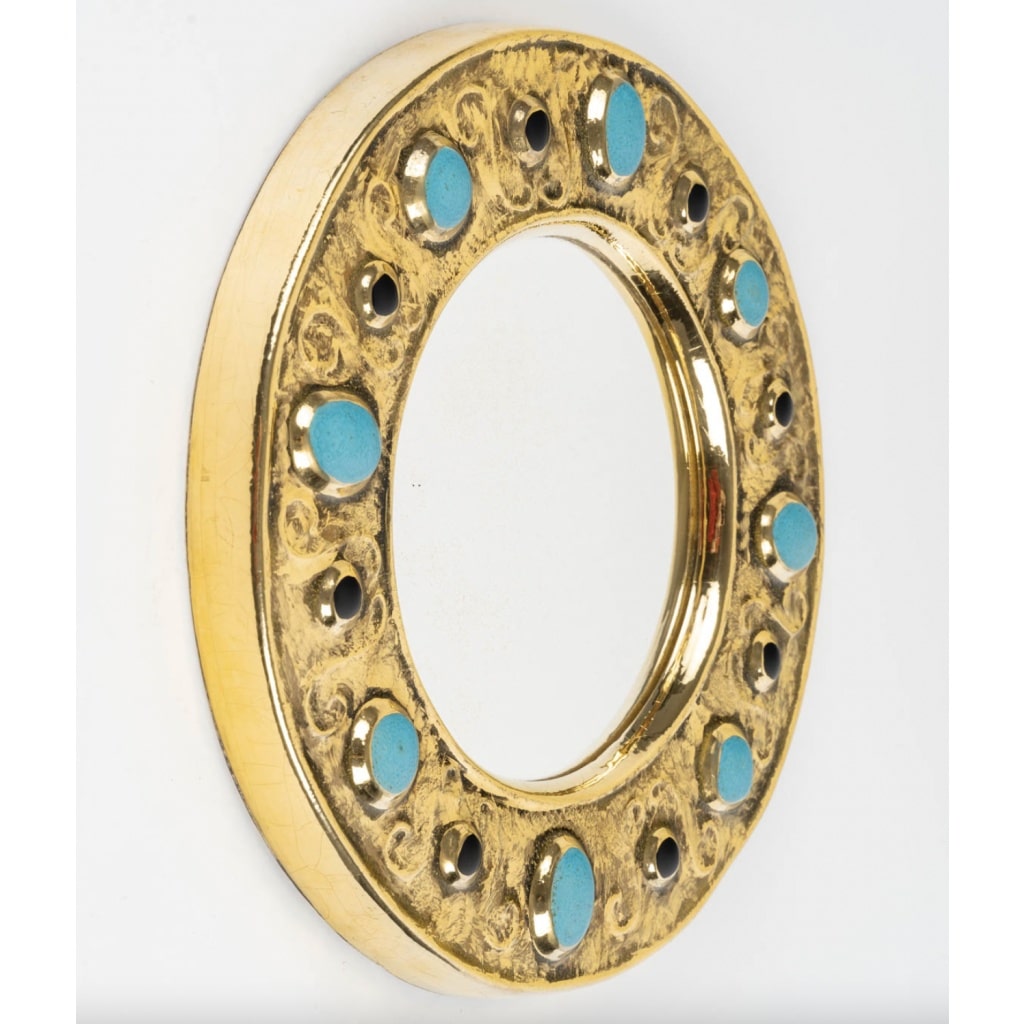 1970 Miroir Francois Lembo, Céramique, Bijoux, Or, Vert Emeraude, Signé 4