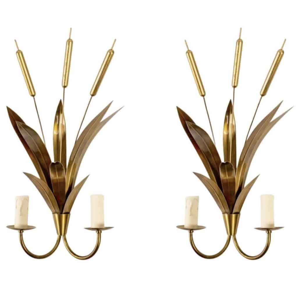 1960 Paire d’appliques en laiton « Bouquet de joncs » Maison FlorArt | Biron 