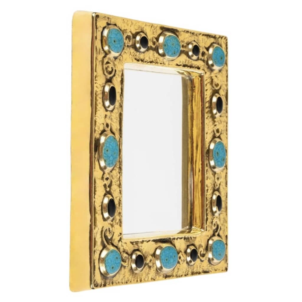 1970 François Lembo miroir, céramique, bijoux, or, vert émeraude, signé. | Biron 