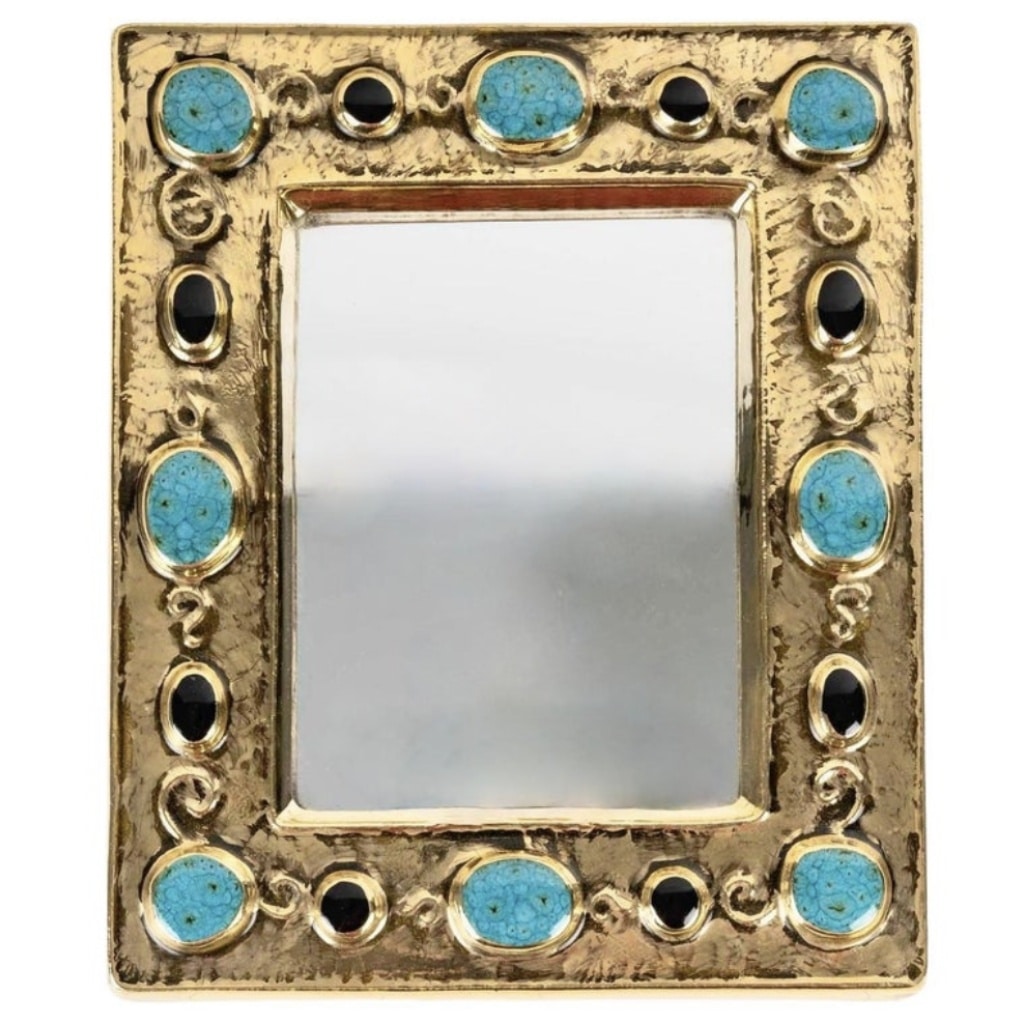 1970 François Lembo miroir, céramique, bijoux, or, vert émeraude, signé. | Biron 
