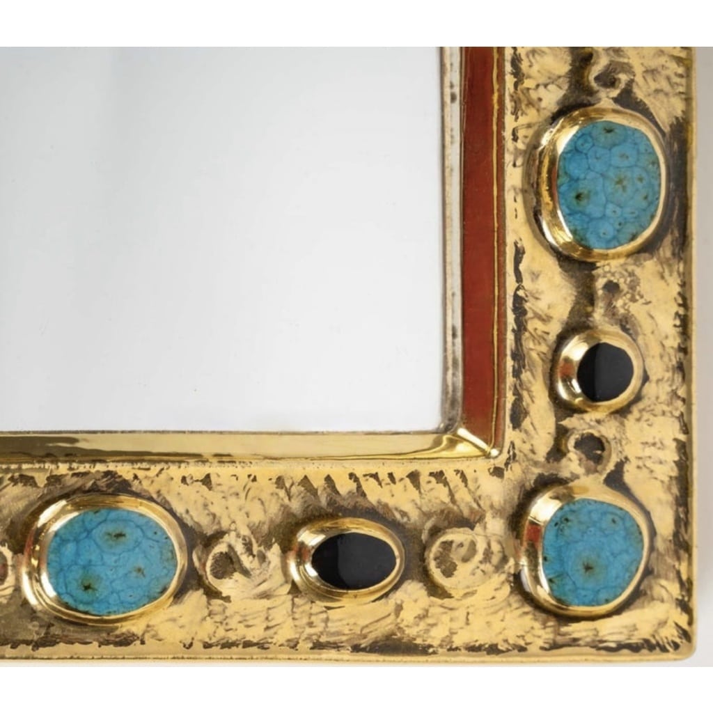 1970 François Lembo miroir, céramique, bijoux, or, vert émeraude, signé. | Biron 