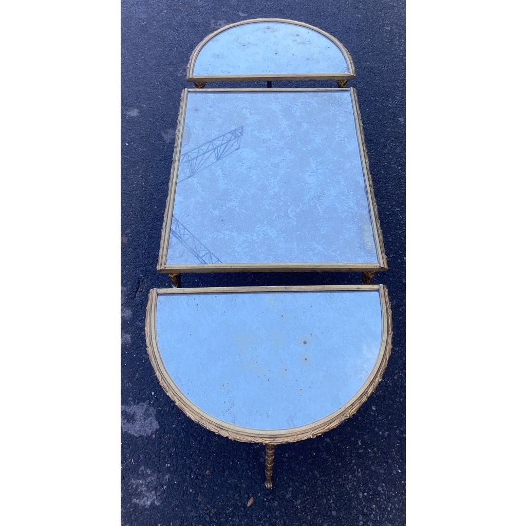 1970′ Table Tripartite Maison Charles, Jansen Ou Baguès Décor Palmier en Bronze Doré avec Plateaux Miroirs Vieillis 9