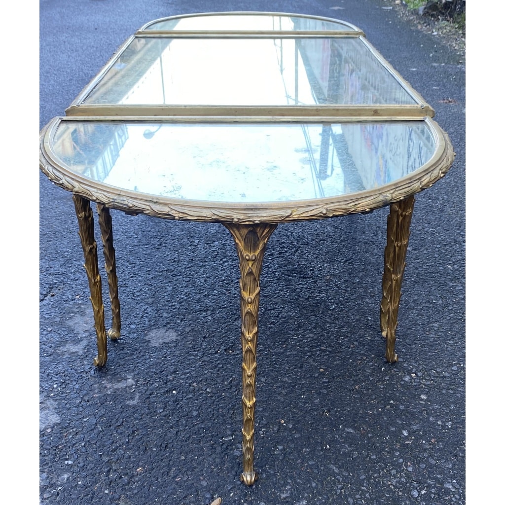 1970′ Table Tripartite Maison Charles, Jansen Ou Baguès Décor Palmier en Bronze Doré avec Plateaux Miroirs Vieillis 8