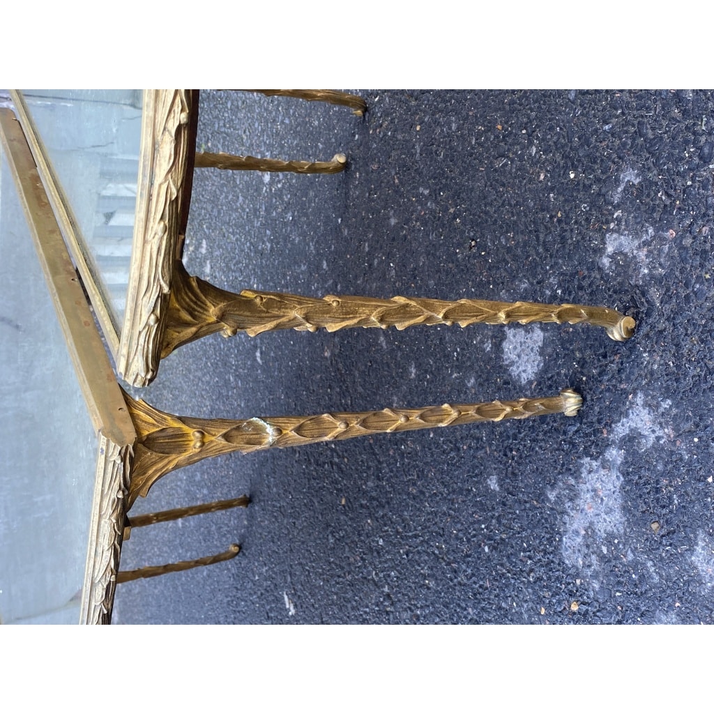 1970′ Table Tripartite Maison Charles, Jansen Ou Baguès Décor Palmier en Bronze Doré avec Plateaux Miroirs Vieillis 7