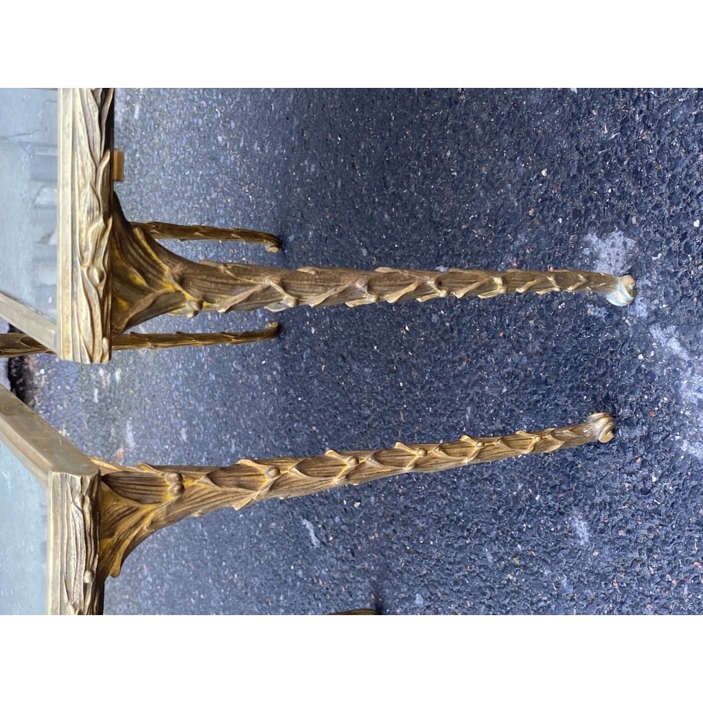 1970′ Table Tripartite Maison Charles, Jansen Ou Baguès Décor Palmier en Bronze Doré avec Plateaux Miroirs Vieillis 6