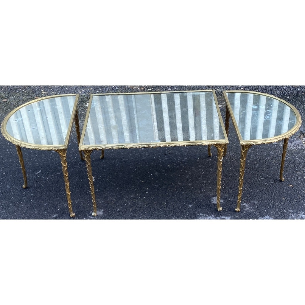 1970′ Table Tripartite Maison Charles, Jansen Ou Baguès Décor Palmier en Bronze Doré avec Plateaux Miroirs Vieillis 2