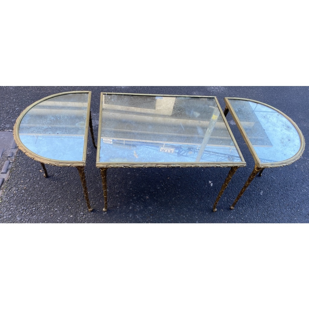 1970′ Table Tripartite Maison Charles, Jansen Ou Baguès Décor Palmier en Bronze Doré avec Plateaux Miroirs Vieillis 4