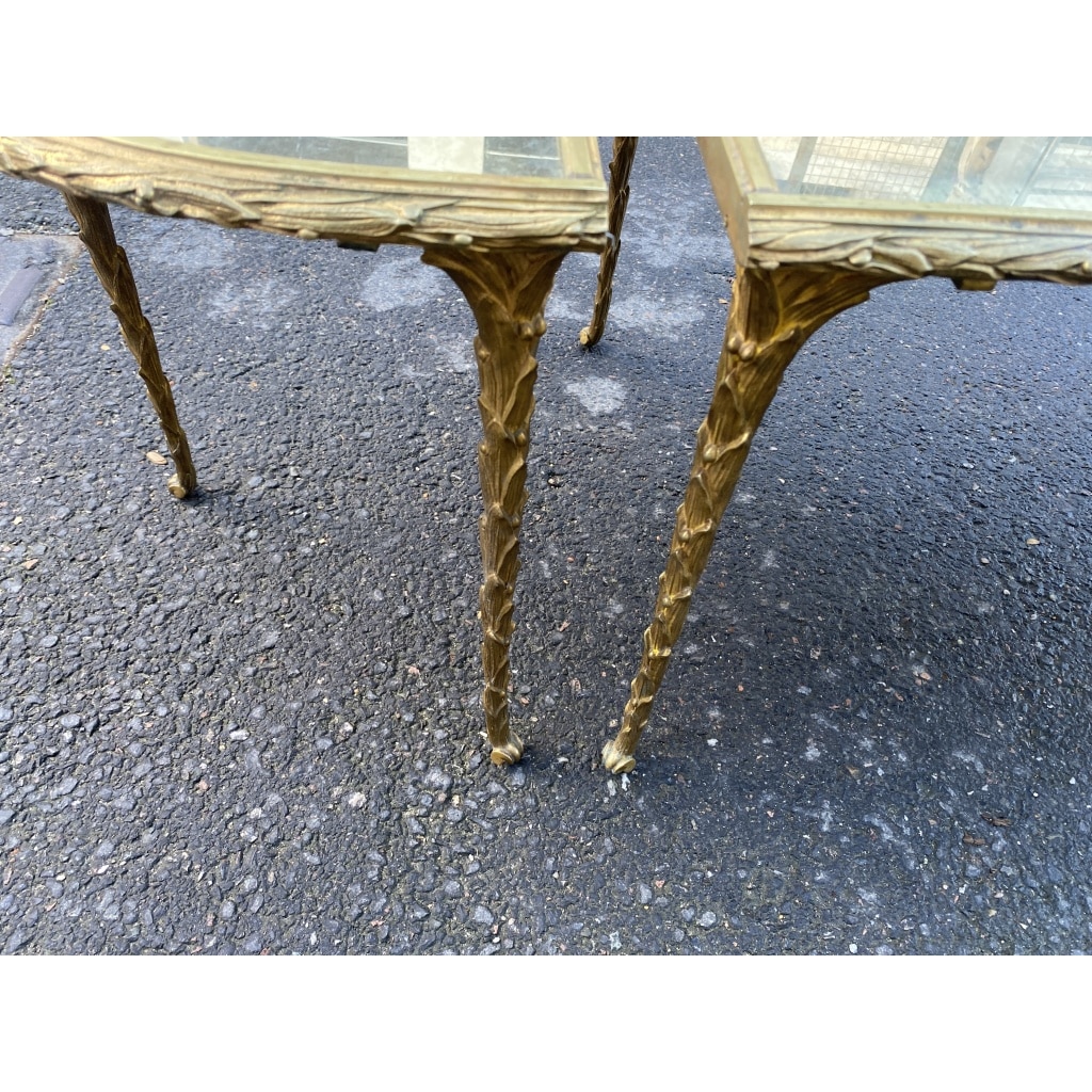 1970′ Table Tripartite Maison Charles, Jansen Ou Baguès Décor Palmier en Bronze Doré avec Plateaux Miroirs Vieillis 3