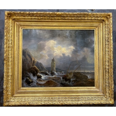Johann-Jakob Ulrich (1798-1877) Bateau de pêche dans les brisants huile sur toile vers 1837