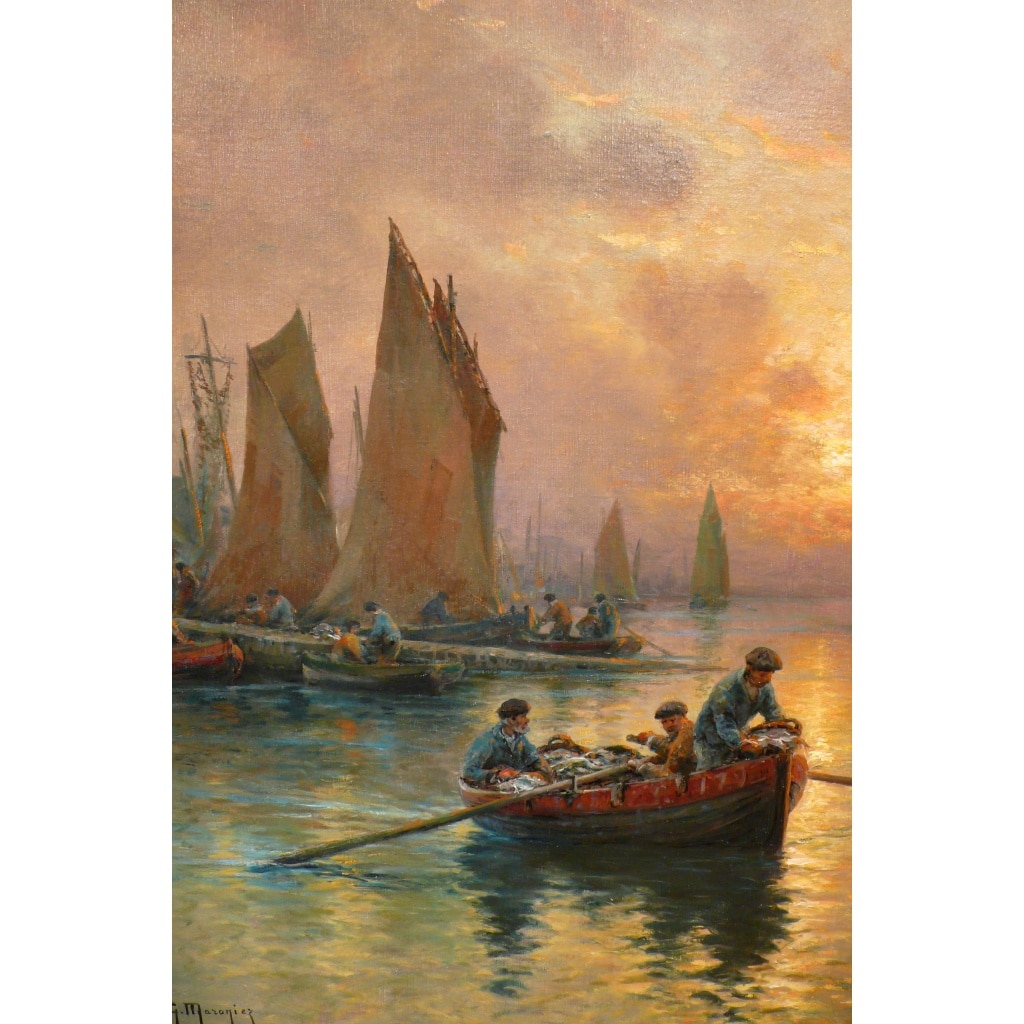MARONIEZ Georges Peinture Française Fin XIXè Le Retour Des Pêcheurs Huile Sur Toile Signée Certificat d’authenticité | Biron 