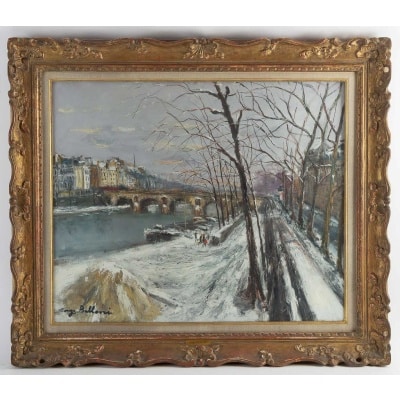 Serge Belloni (1925-2005) Le peintre de Paris - Le Pont Marie et l’Ile Saint-Louis sous la neige Huile sur toile vers 1960