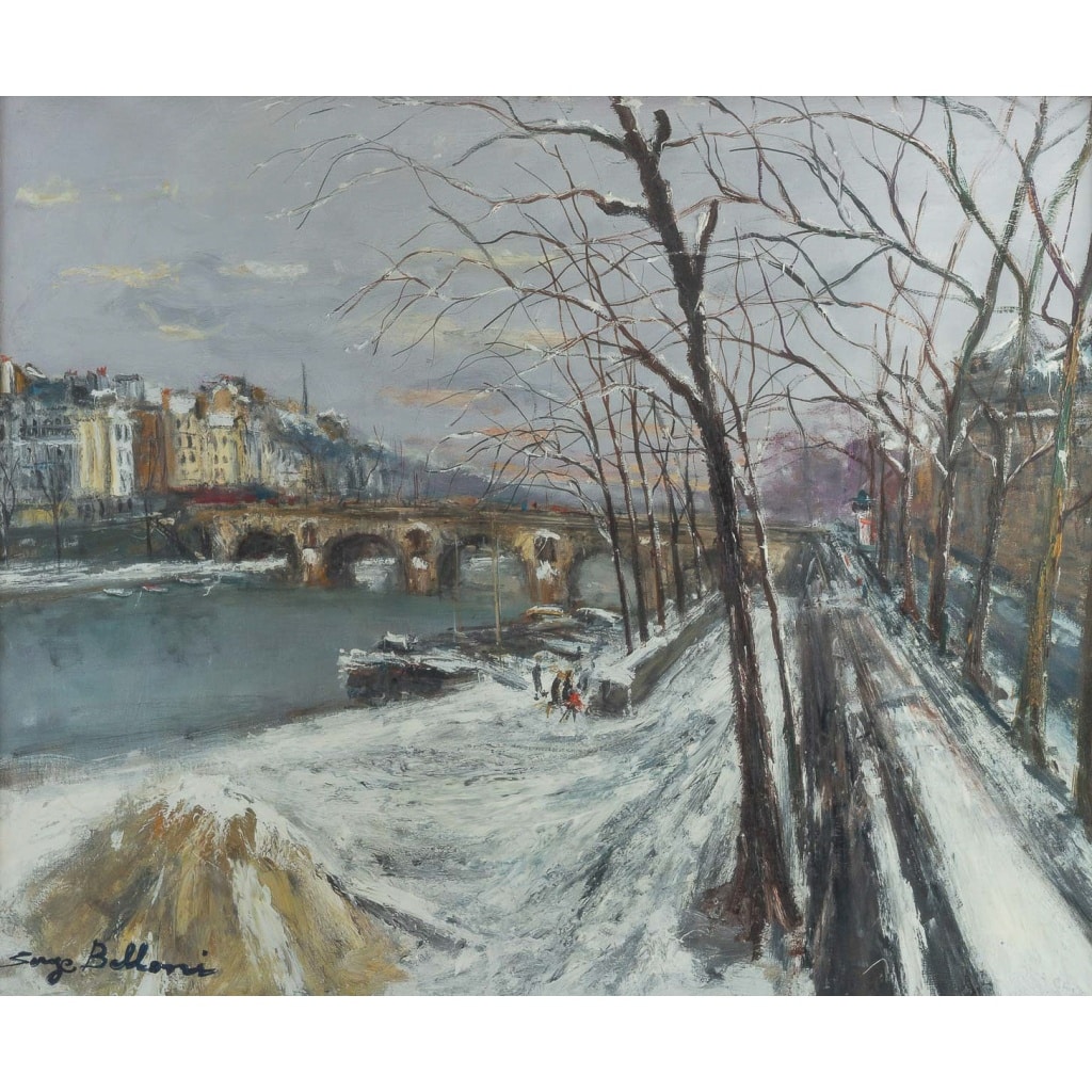 Serge Belloni (1925-2005) Le peintre de Paris – Le Pont Marie et l’Ile Saint-Louis sous la neige Huile sur toile vers 1960 | Biron 