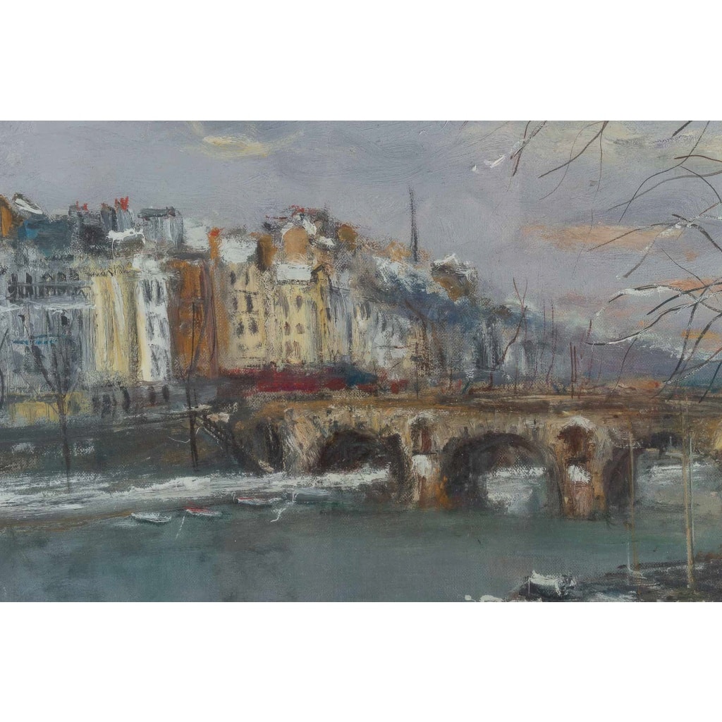 Serge Belloni (1925-2005) Le peintre de Paris – Le Pont Marie et l’Ile Saint-Louis sous la neige Huile sur toile vers 1960 | Biron 