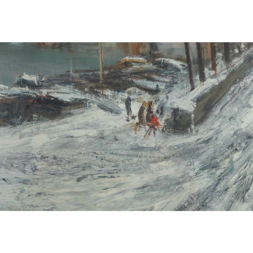 Serge Belloni (1925-2005) Le peintre de Paris – Le Pont Marie et l’Ile Saint-Louis sous la neige Huile sur toile vers 1960 | Biron 