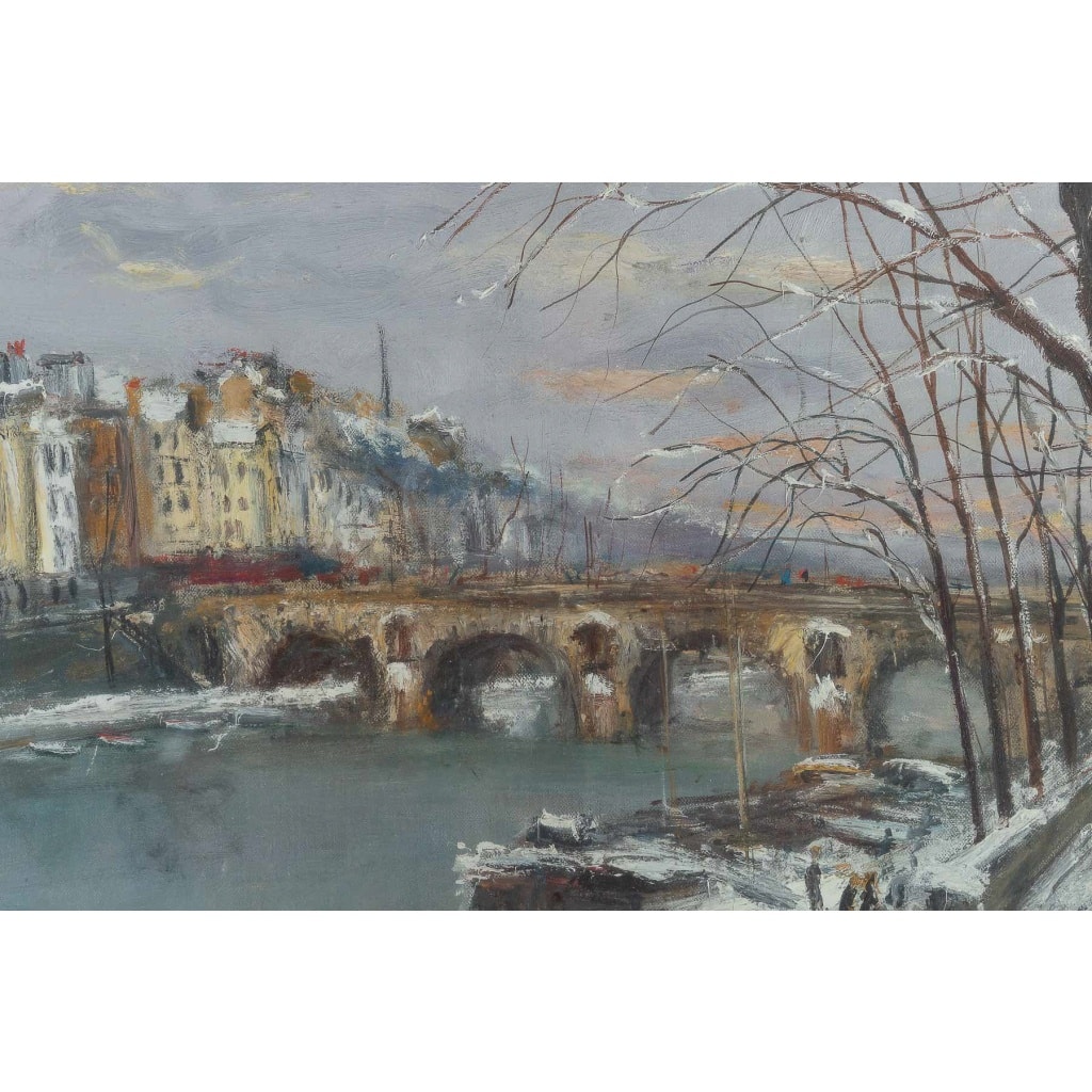 Serge Belloni (1925-2005) Le peintre de Paris – Le Pont Marie et l’Ile Saint-Louis sous la neige Huile sur toile vers 1960 | Biron 