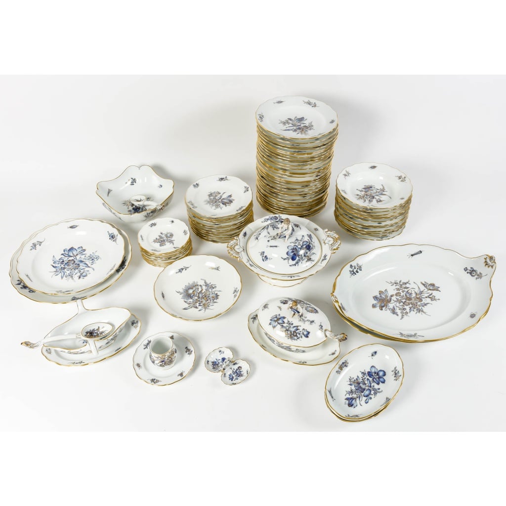 Rare Service de Table en Porcelaine Meissen – Floral bleu et dorée -78 Pièces – 1880 | Biron 