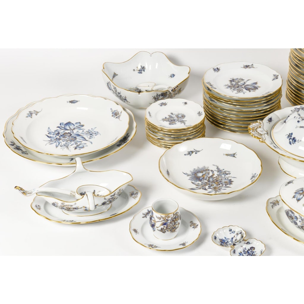 Rare Service de Table en Porcelaine Meissen – Floral bleu et dorée -78 Pièces – 1880 | Biron 