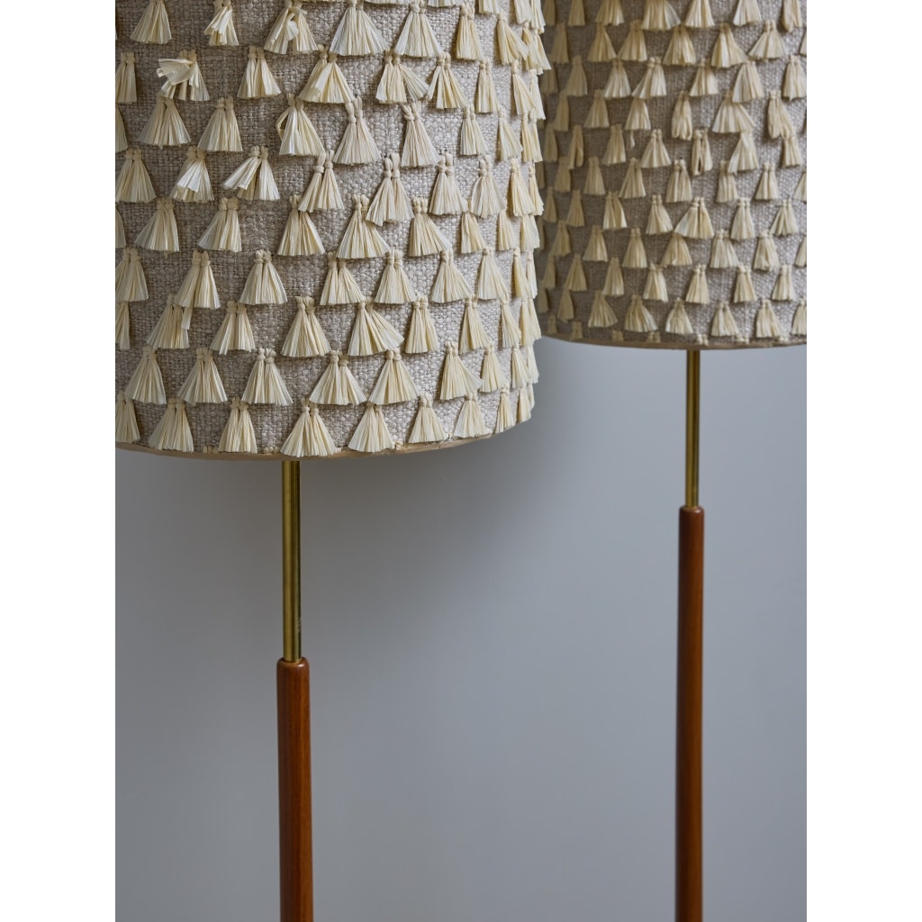 Pair of Scandinavian Wood and Brass Floor Lamps with Lampshades | Biron 
