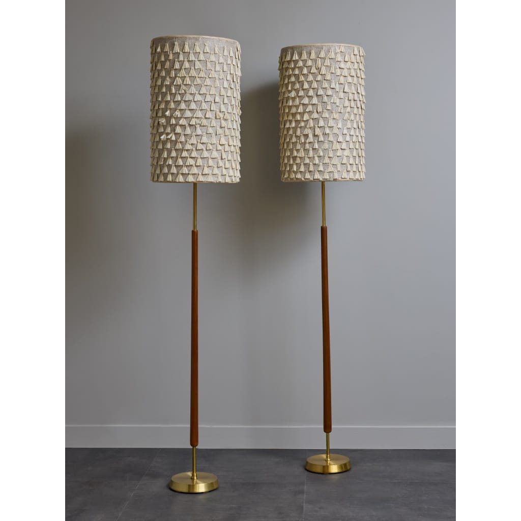 Pair of Scandinavian Wood and Brass Floor Lamps with Lampshades | Biron 