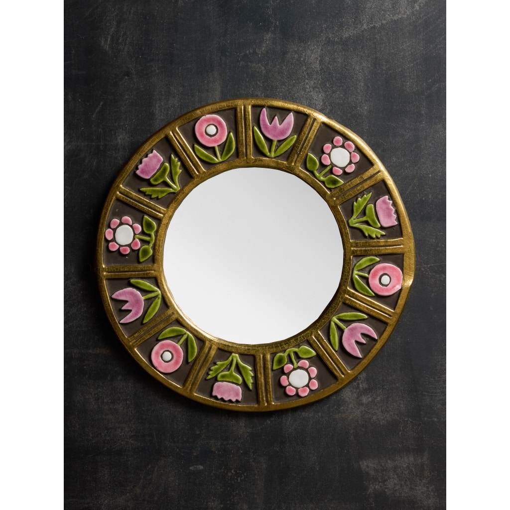 Round Mithe Espelt Ceramic Mirror with Flower Decors | Biron 