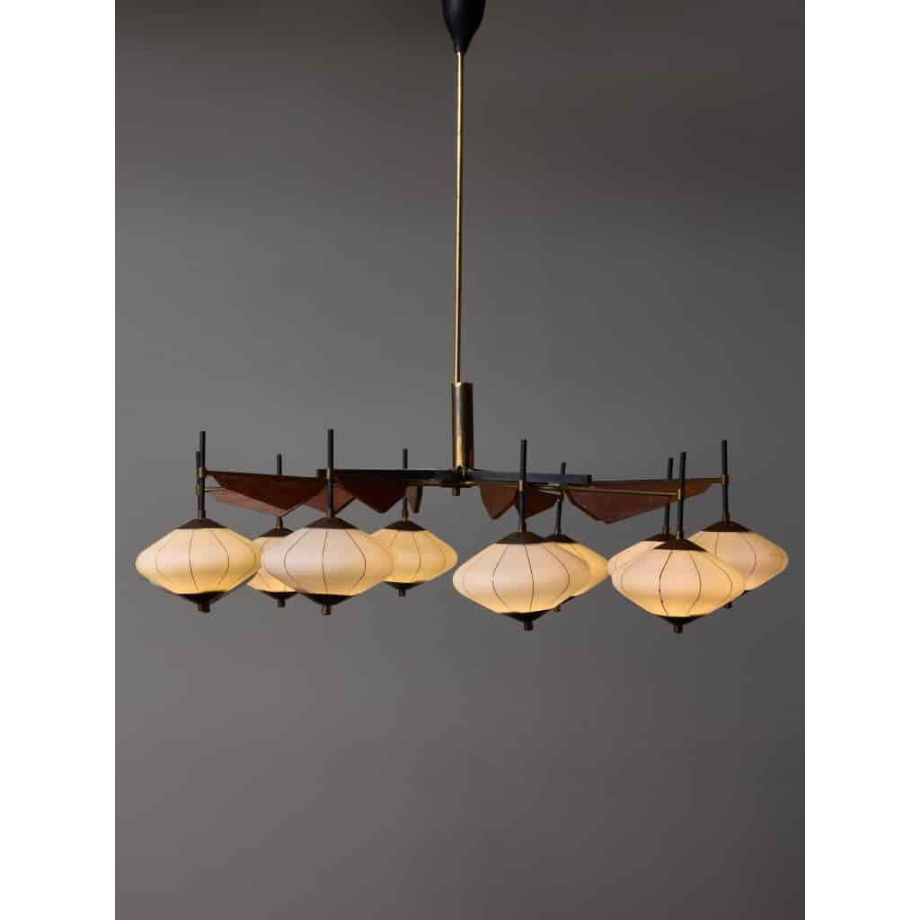 Brass, Wood and Glass Lanterns Stilnovo Chandelier | Biron 
