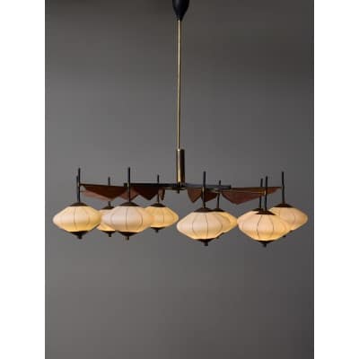 Brass, Wood and Glass Lanterns Stilnovo Chandelier