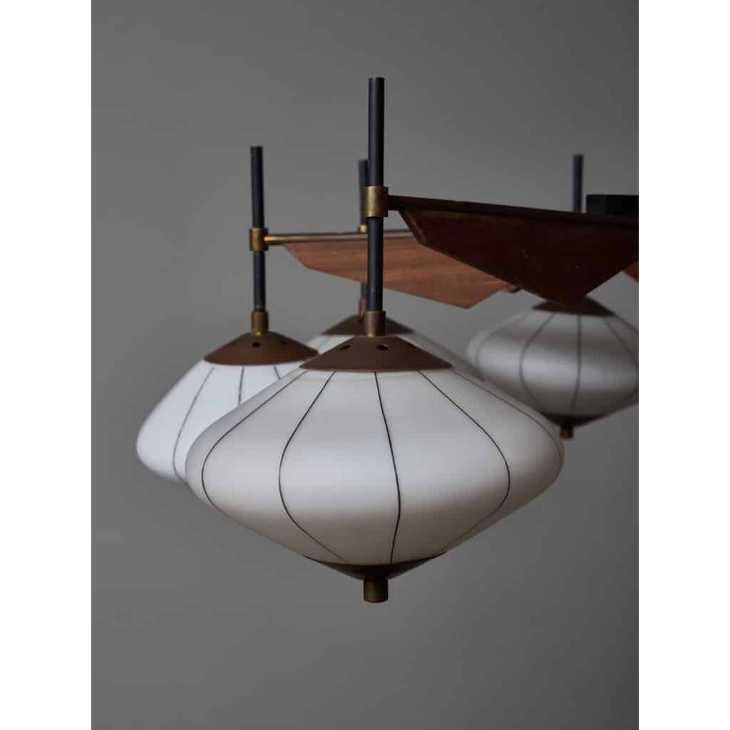 Brass, Wood and Glass Lanterns Stilnovo Chandelier | Biron 