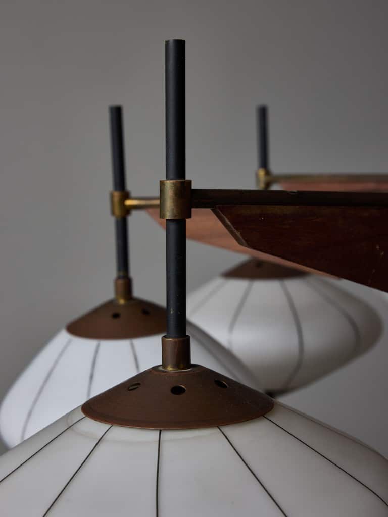 Brass, Wood and Glass Lanterns Stilnovo Chandelier | Biron 