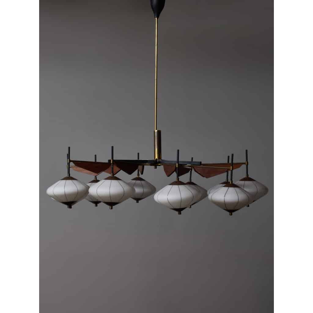 Brass, Wood and Glass Lanterns Stilnovo Chandelier | Biron 
