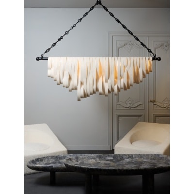 Long Chandelier in Iron and Ceramic by Olivia Cognet