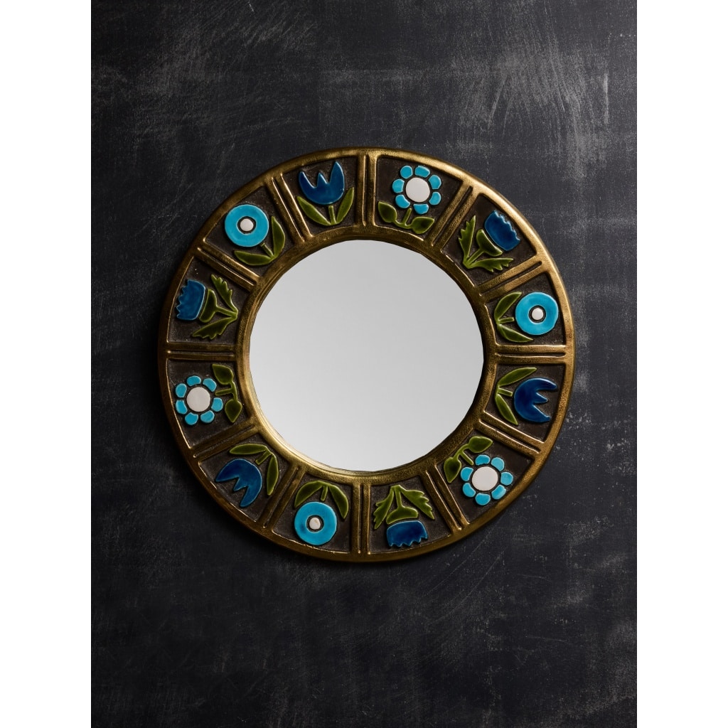 Round Mithe Espelt Ceramic Mirror with Blue Flower Decors | Biron 