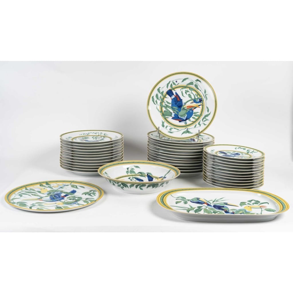 Rare Service Hermès « Toucans » En Porcelaine De Limoges | 1986 | 40 Pièces | Pour 12 Personnes | Biron 
