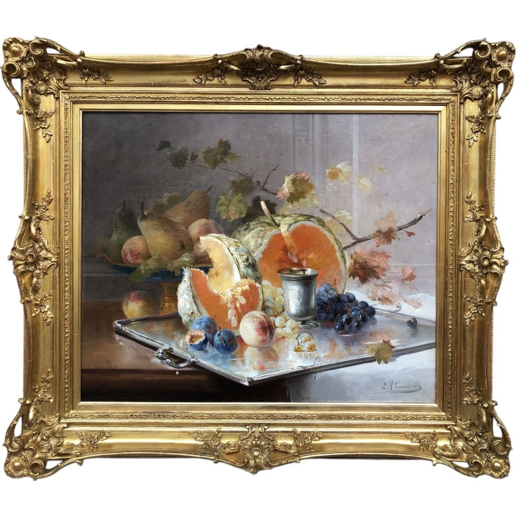 CAUCHOIX Eugène Nature morte aux fruits sur plateau d’argent Huile Sur Toile Signée Certificat d’authenticité | Biron 