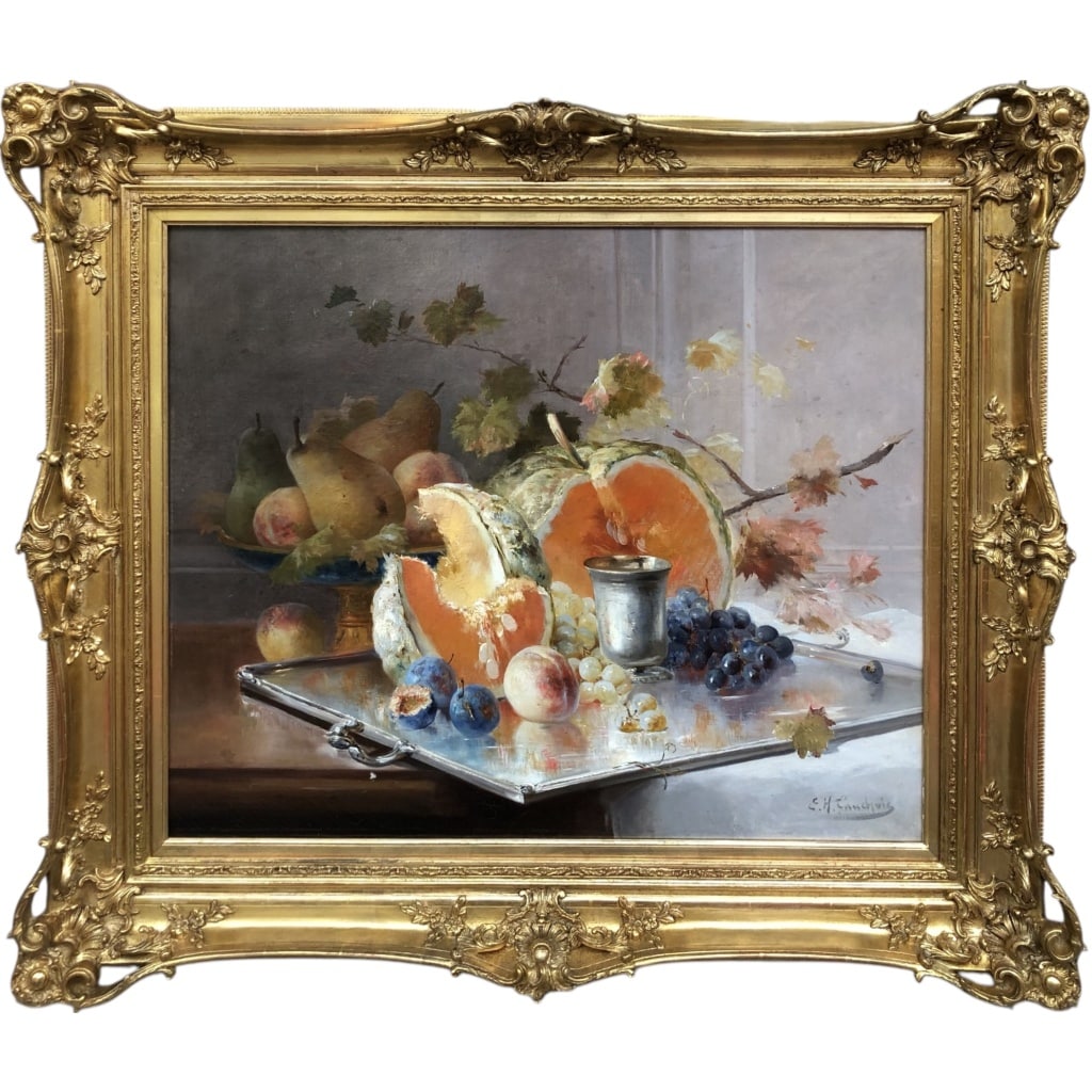 CAUCHOIX Eugène Nature morte aux fruits sur plateau d’argent Huile Sur Toile Signée Certificat d’authenticité | Biron 