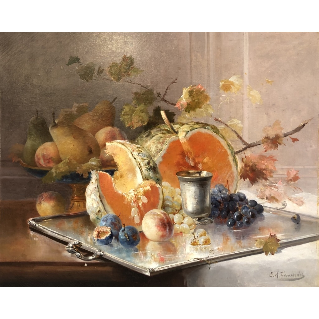 CAUCHOIX Eugène Nature morte aux fruits sur plateau d’argent Huile Sur Toile Signée Certificat d’authenticité | Biron 