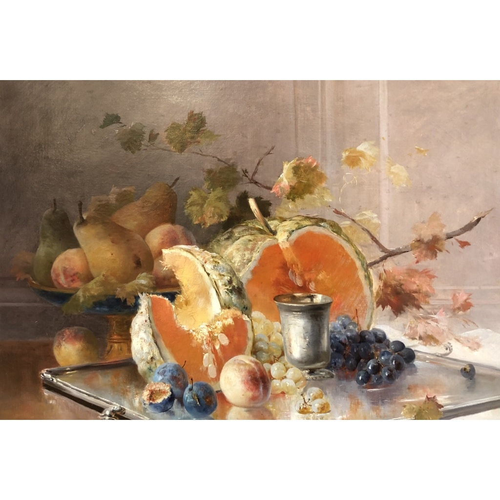 CAUCHOIX Eugène Nature morte aux fruits sur plateau d’argent Huile Sur Toile Signée Certificat d’authenticité | Biron 