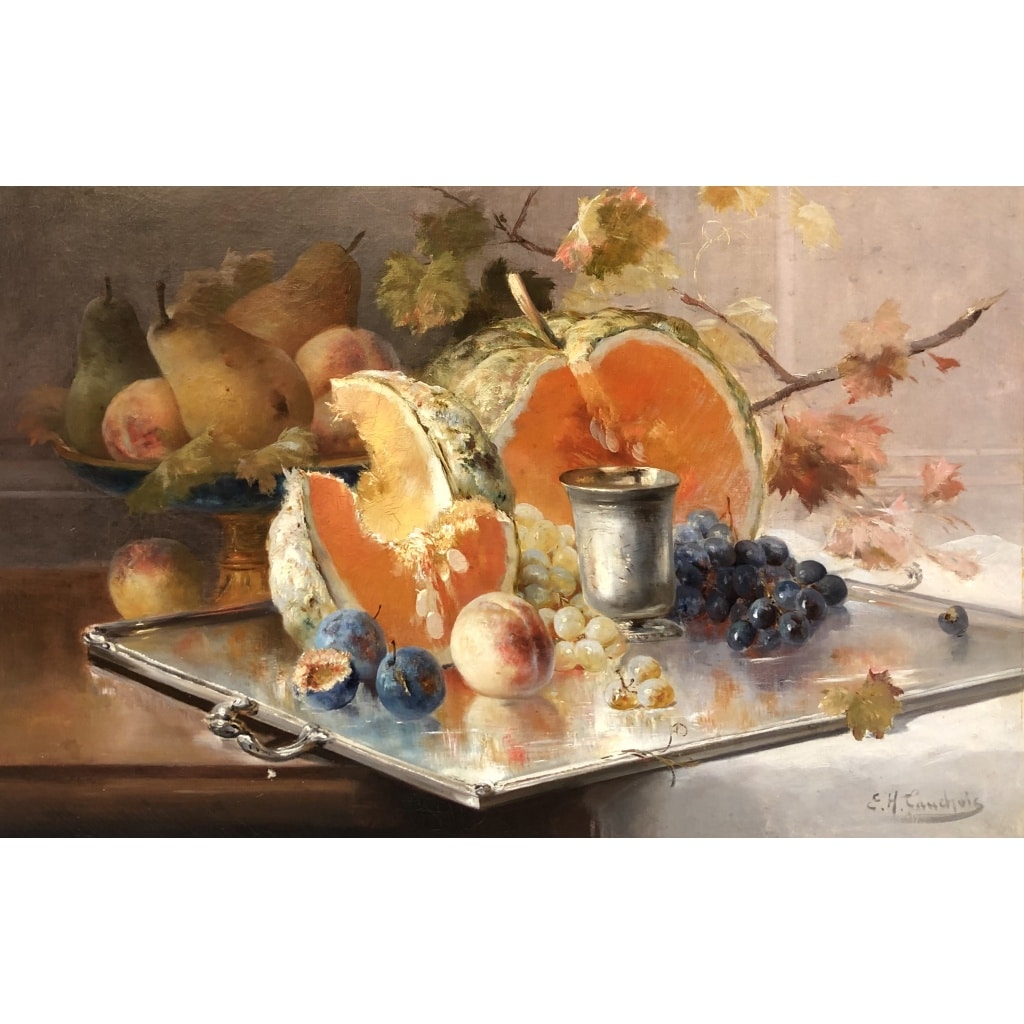 CAUCHOIX Eugène Nature morte aux fruits sur plateau d’argent Huile Sur Toile Signée Certificat d’authenticité | Biron 