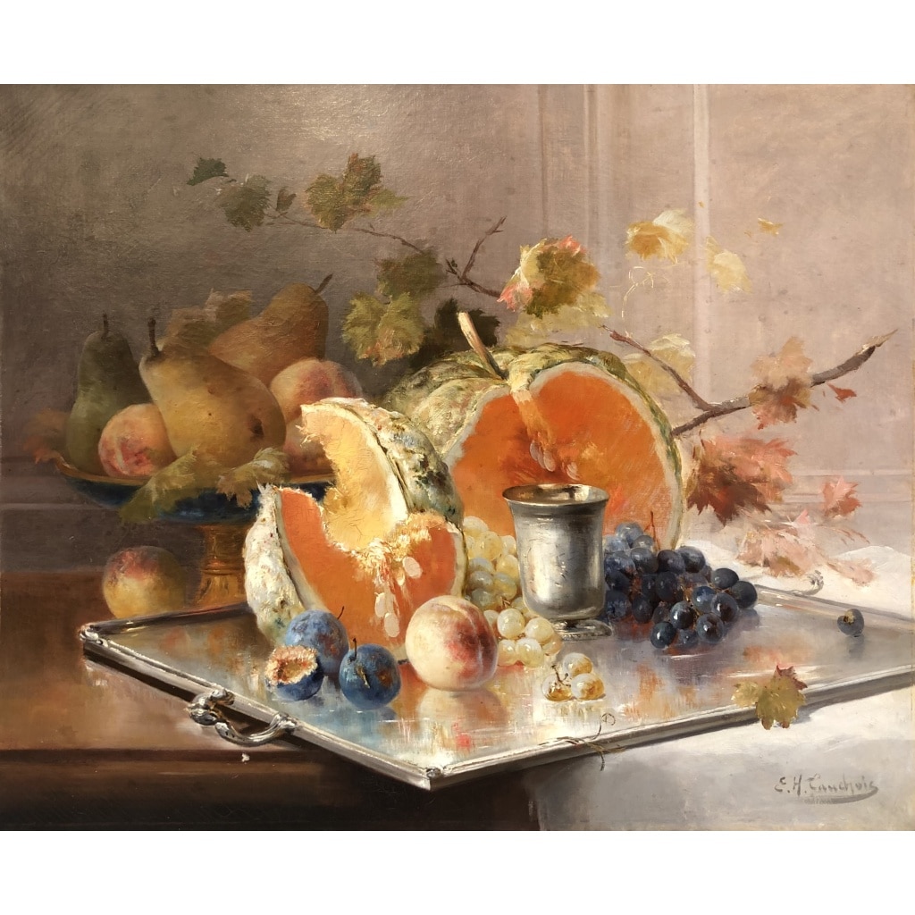 CAUCHOIX Eugène Nature morte aux fruits sur plateau d’argent Huile Sur Toile Signée Certificat d’authenticité | Biron 