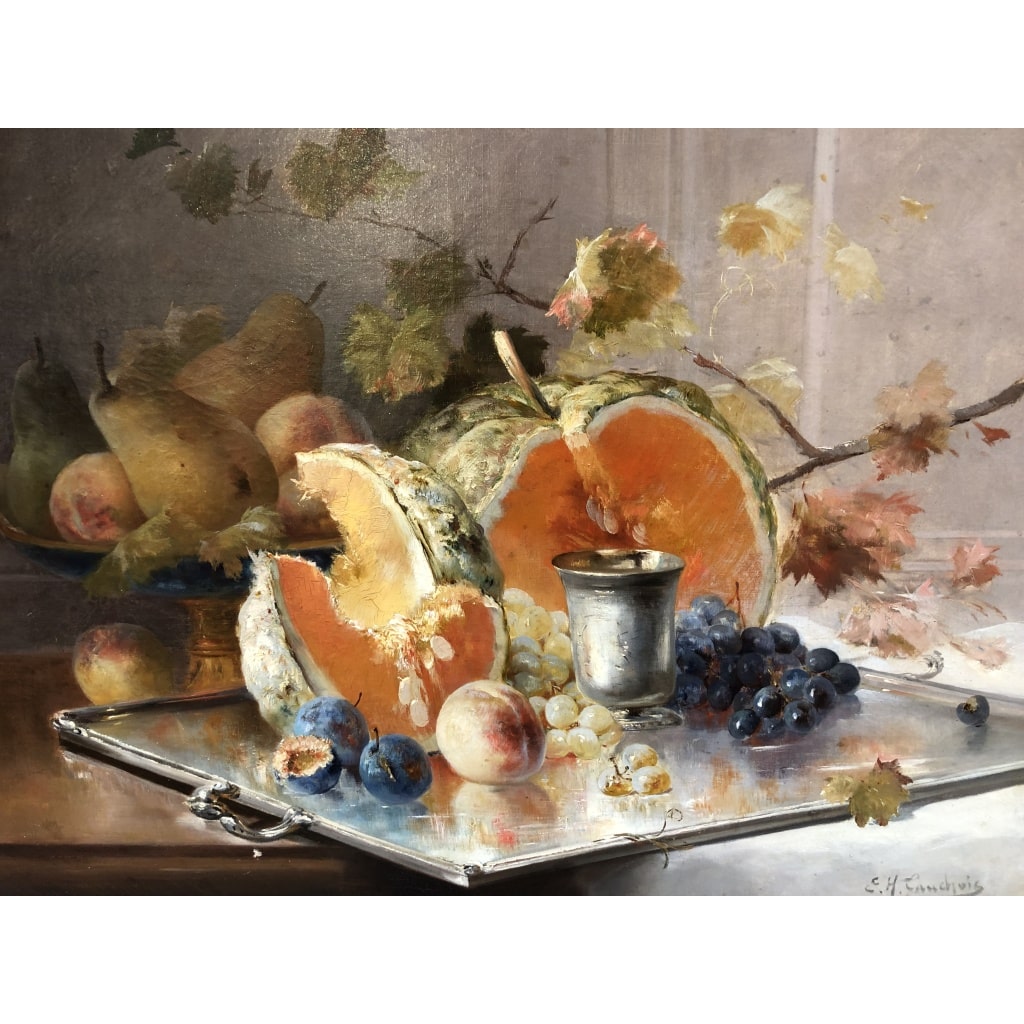 CAUCHOIX Eugène Nature morte aux fruits sur plateau d’argent Huile Sur Toile Signée Certificat d’authenticité | Biron 