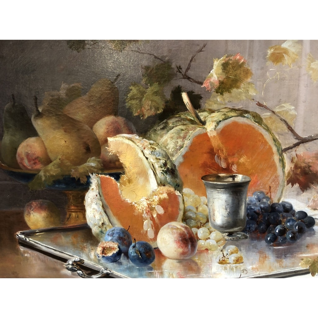 CAUCHOIX Eugène Nature morte aux fruits sur plateau d’argent Huile Sur Toile Signée Certificat d’authenticité | Biron 