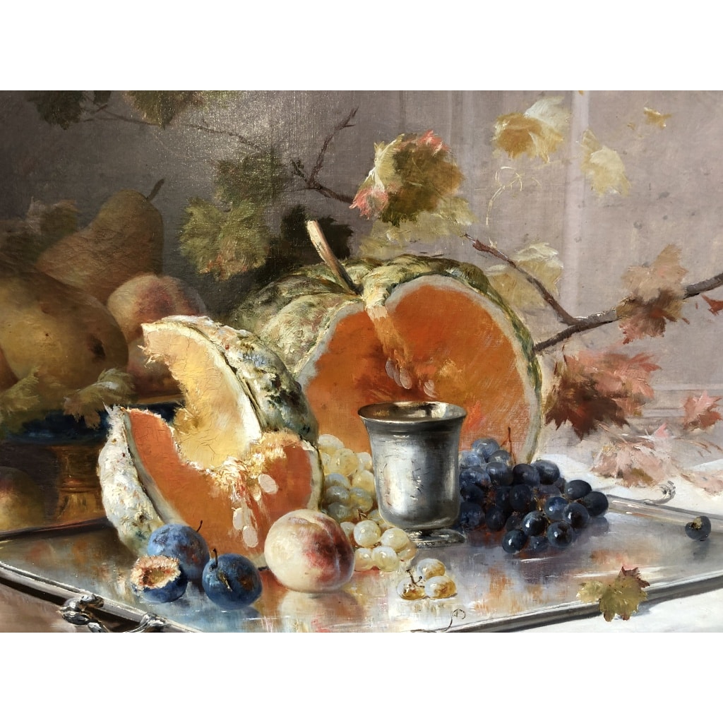 CAUCHOIX Eugène Nature morte aux fruits sur plateau d’argent Huile Sur Toile Signée Certificat d’authenticité | Biron 