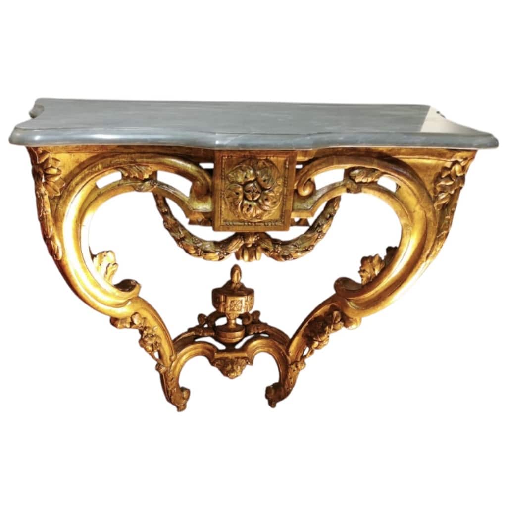 Console d’applique d’époque Transition Louis XV/Louis XVI bois sculpté doré dessus de marbre bleu turquin | Biron 