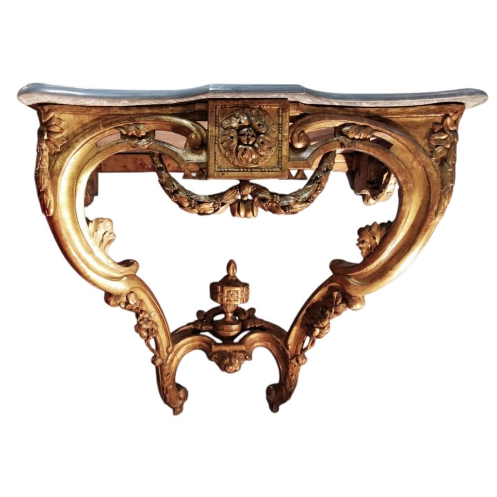 Console d’applique d’époque Transition Louis XV/Louis XVI bois sculpté doré dessus de marbre bleu turquin | Biron 