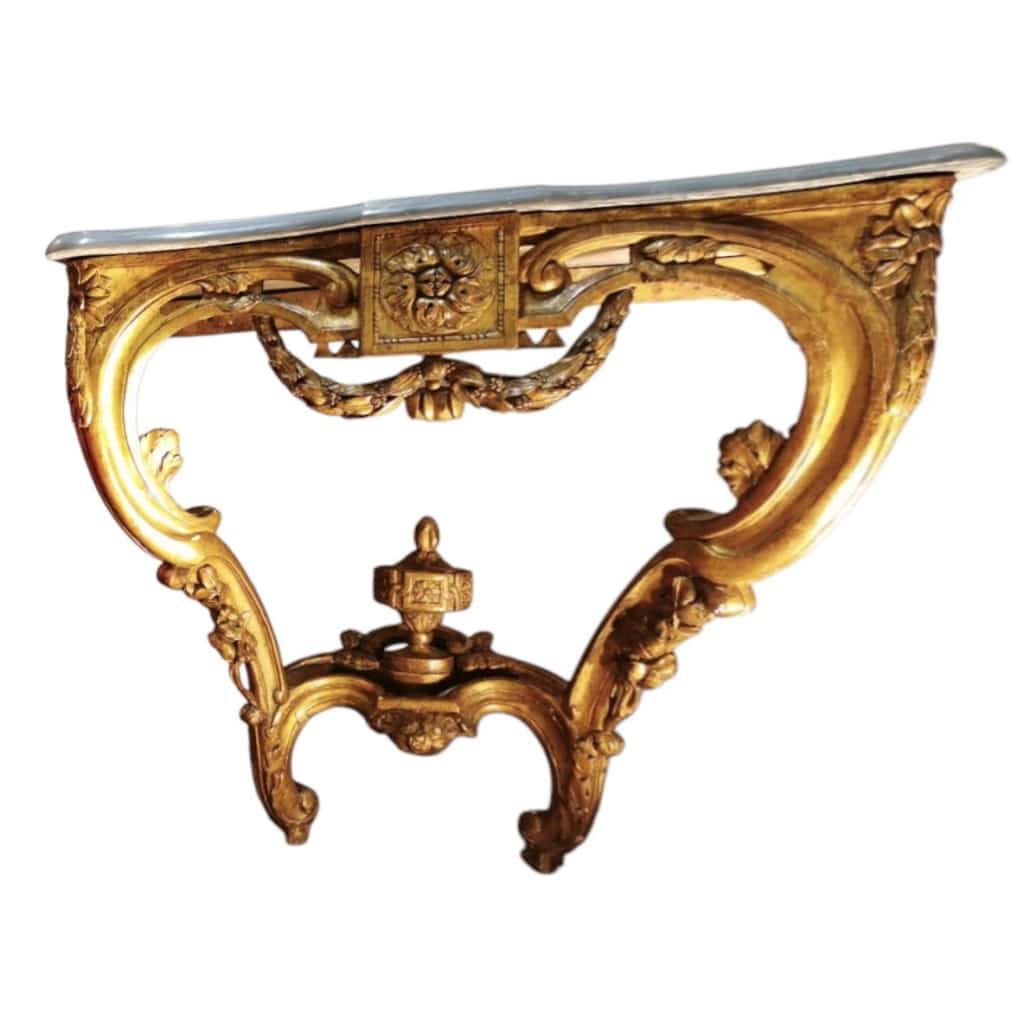 Console d’applique d’époque Transition Louis XV/Louis XVI bois sculpté doré dessus de marbre bleu turquin | Biron 