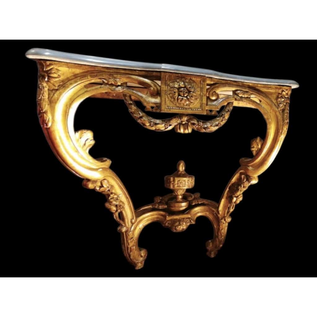 Console d’applique d’époque Transition Louis XV/Louis XVI bois sculpté doré dessus de marbre bleu turquin | Biron 