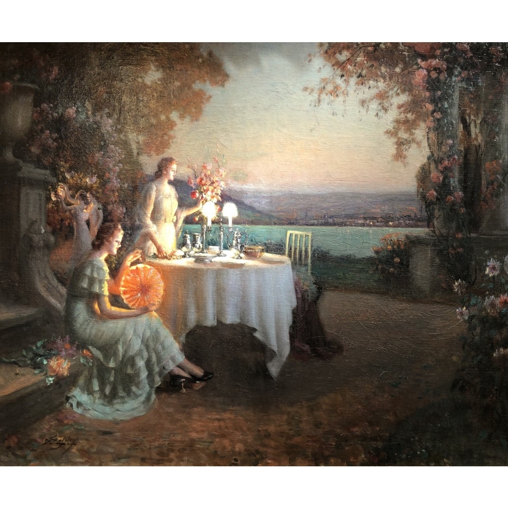 ENJOLRAS Delphin Soirée sur la terrasse Huile toile signée Certificat | Biron 