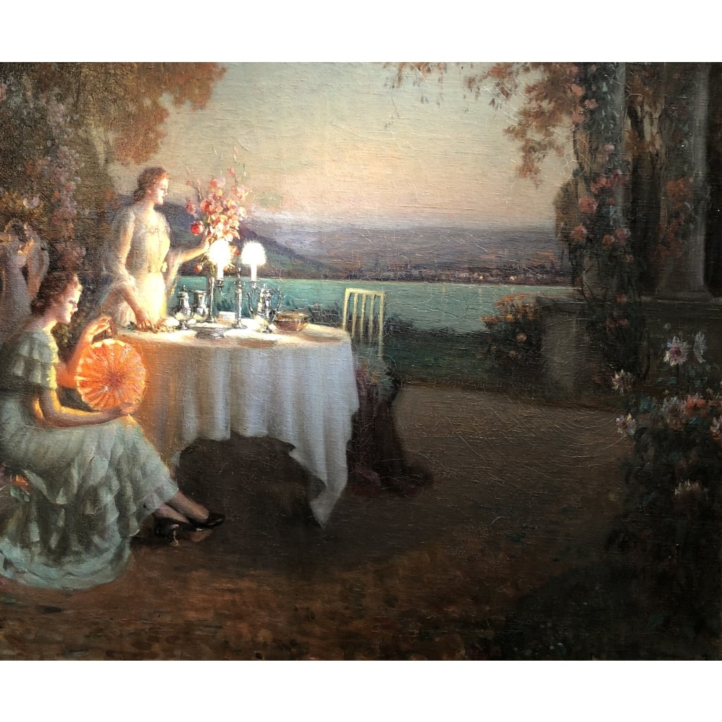 ENJOLRAS Delphin Soirée sur la terrasse Huile toile signée Certificat | Biron 